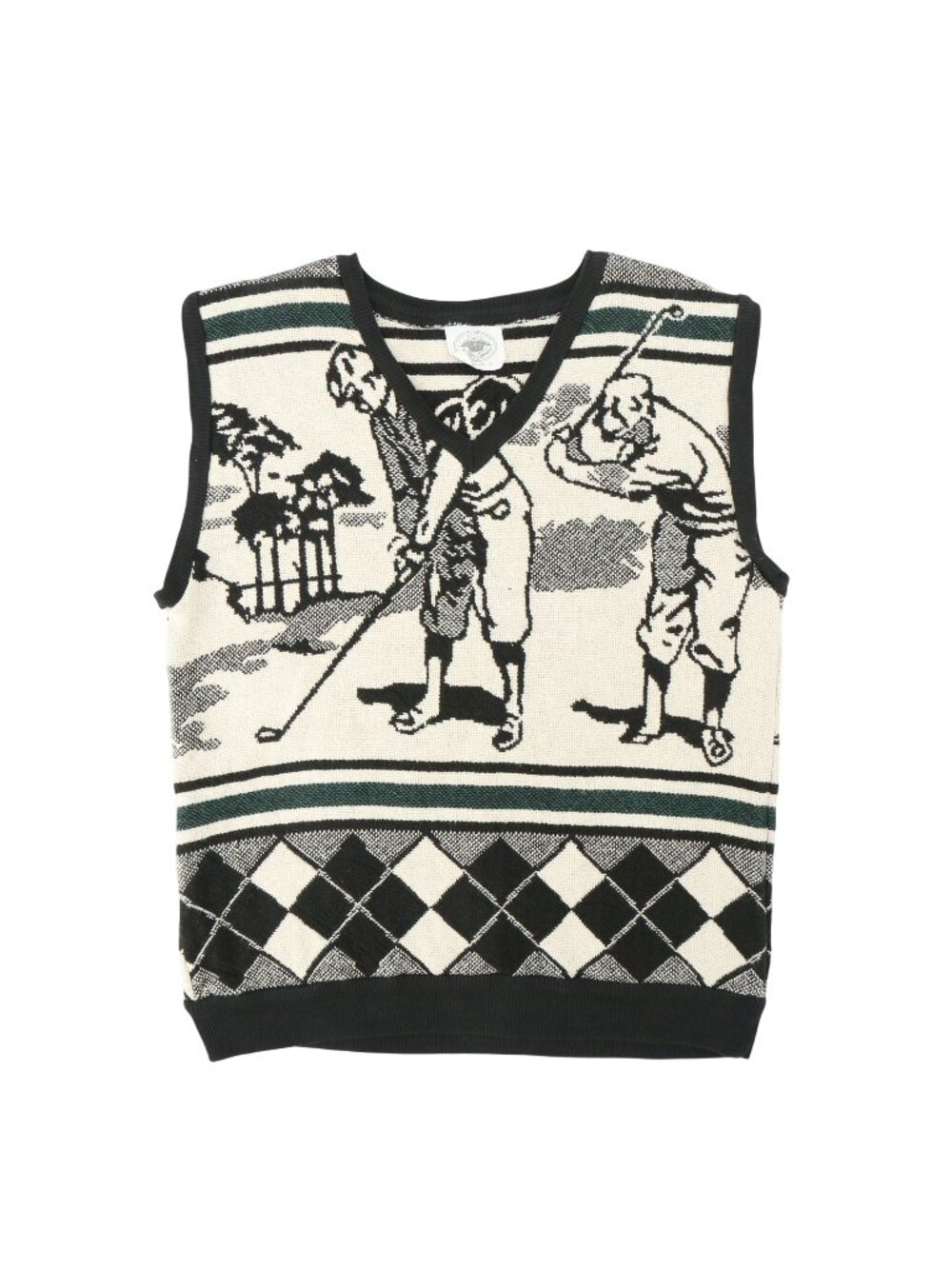 Men's Golf Sweater Vest Cotton Argyle Ivory Black Quirky V-Neck L